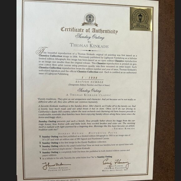 Thomas Kinkade Sunday Outing with Gold Frame - Picture 3 of 3